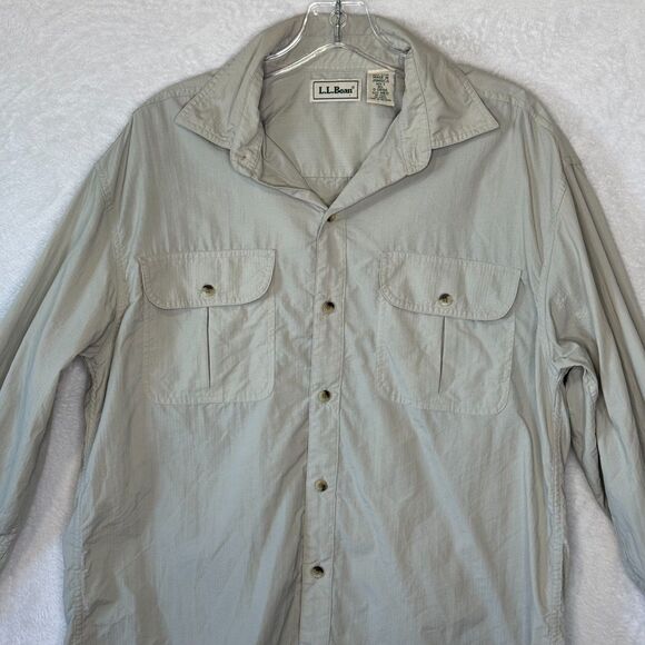 Vintage LL Bean Button Up Shirt Mens Medium Light Khaki Ripstop Outdoors *Flaw - Picture 3 of 16